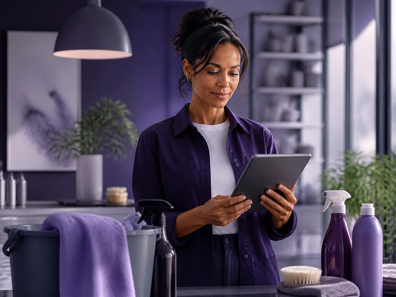 Cleaning business owner reviewing her schedule on a tablet
